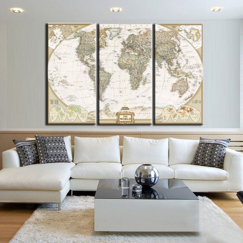 3 pieces world map canvas print , wall art old map of the world for home, office living room – nordic wall canvas – home and decoration 3 pieces world map